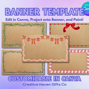 Op de afbeelding: Een banner sjabloon met vijf rechthoekige ontwerpen met bruine achtergronden en decoratieve randen. De randen omvatten kerstverlichting, groen, strikken en zuurstokstrepen. De tekst bovenaan luidt "BANNER TEMPLATE".