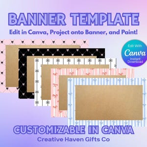 Op de afbeelding: Een verzameling banner templates met verschillende patronen, waaronder roze, zwarte, witte en blauwe ontwerpen. De tekst "BANNER TEMPLATE" en "CUSTOMIZABLE IN CANVA" zijn weergegeven. De afbeelding bevat ook de tekst "Edit in Canva, Project onto Banner, and Paint!"