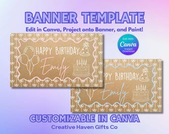 May include: Two birthday banner templates with a kraft paper background. Each banner has a pink and white border with the words "Happy Birthday Emily" and illustrations of balloons, a party hat, and a cake. The text "BANNER TEMPLATE" is at the top.