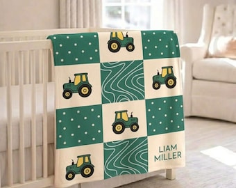 Personalized Tractor Baby Blanket, Custom Name Green Farm Nursery Decor Throw