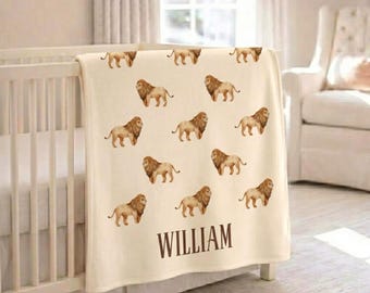 Personalized Lion Baby Blanket, Custom Name Safari Animal Nursery Decor Throw