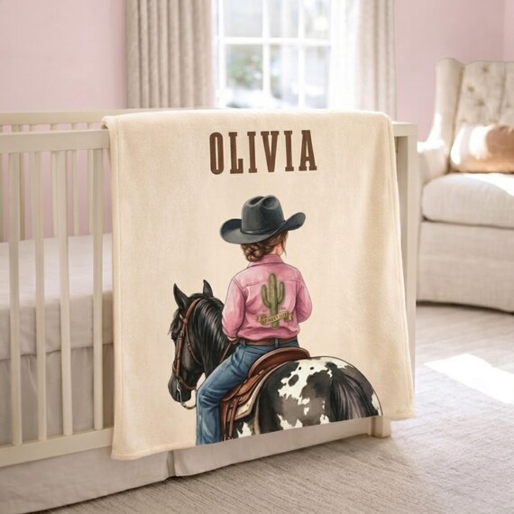Custom Cowgirl Baby Blanket, Personalized Western Nursery Throw with Name, Girl or Boy Gift