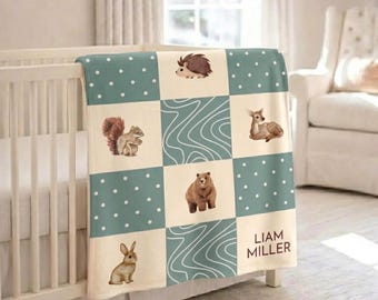 Custom Name Forest Blanket, Personalized Patchwork Woodland Nursery Gift, Newborn Throw