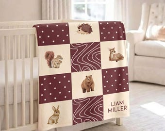 Personalized Woodland Baby Blanket, Forest Animal Nursery Decor Throw