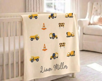 Personalized Construction Baby Blanket, Custom Name Excavator Truck Nursery Decor Throw