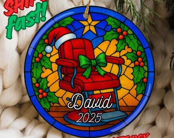 Personalized Barber Chair Christmas Ornament — Custom Stained Glass Barber Gift