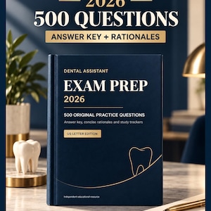 Preparación para el examen de asistente dental 2026: 500 preguntas de práctica con clave de respuestas, explicaciones y guía de estudio imprimible. imagen 1