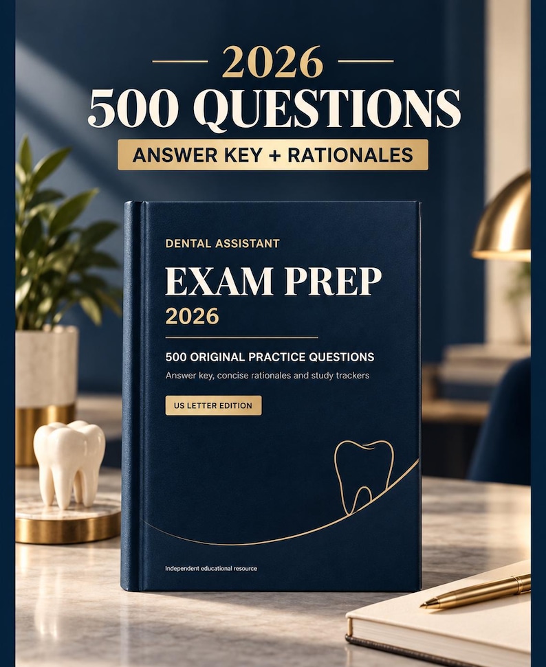 Preparación para el examen de asistente dental 2026: 500 preguntas de práctica con clave de respuestas, explicaciones y guía de estudio imprimible. imagen 1