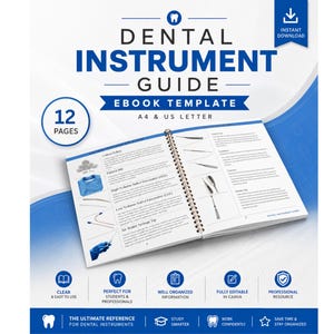 Puede incluir: Una plantilla de libro electrónico Dental Instrument Guide de 12 páginas en formatos A4 y US Letter. La portada muestra texto y gráficos azules, mientras que las páginas interiores encuadernadas en espiral muestran ilustraciones y descripciones de herramientas dentales.
