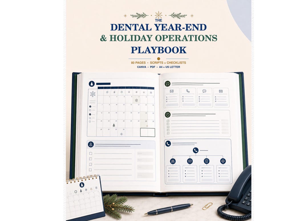 Dental Holiday Operations Playbook, Christmas Office Checklist, Year End Patient Scripts, Editable Canva and PDF, Dental Template