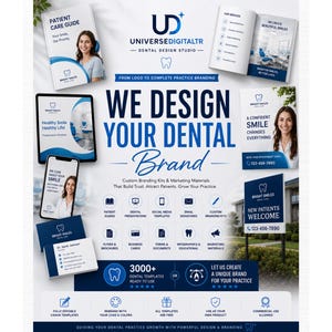 Puede incluir: Un folleto promocional de UniverseDigitaltr Dental Design Studio con materiales de marca como guías para pacientes, tarjetas de visita y plantillas digitales. El texto dice We Design Your Dental Brand, mostrando servicios para clínicas.