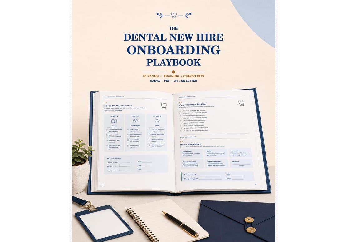 Dental Onboarding Playbook | 30 60 90 Day New Hire Training Plan, Cross Training Checklists and Editable Canva PDF