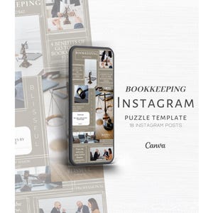 Op de afbeelding: Een smartphone toont een boekhoudkundige Instagram-puzzelsjabloon met 18 berichten. Het ontwerp bevat afbeeldingen van weegschalen, hamers en professionals. De achtergrond is lichtbeige met de woorden "Bookkeeping Instagram" in een modern lettertype.