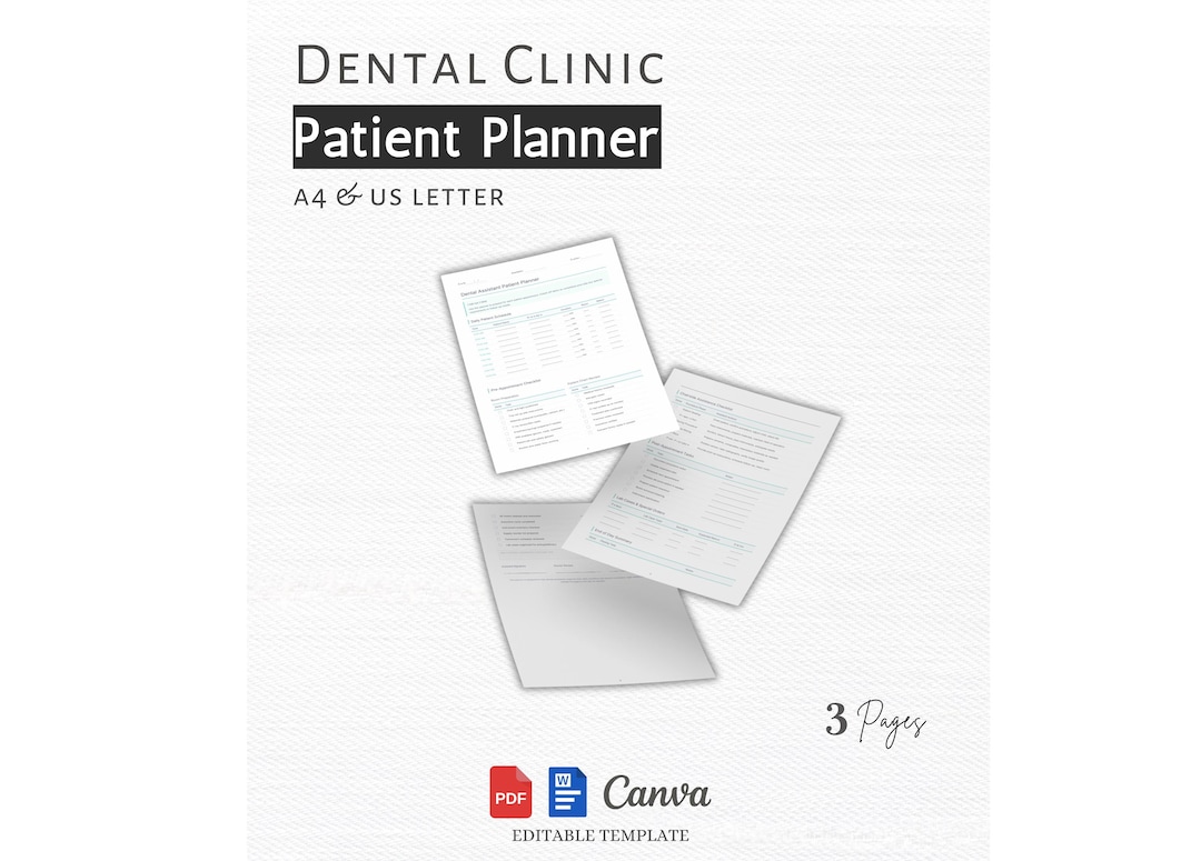 Dental Assistant Patient Planner Template, Dental Clinic Checklist 3 Pages Canva Word PDF A4 US Letter, Dental Templates, Dental Assistans
