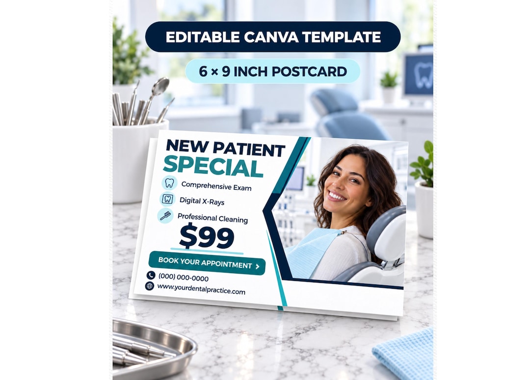 New Patient Dental Postcard Template, Editable Canva Dentist Marketing Mailer, Dental Office Promotion preview