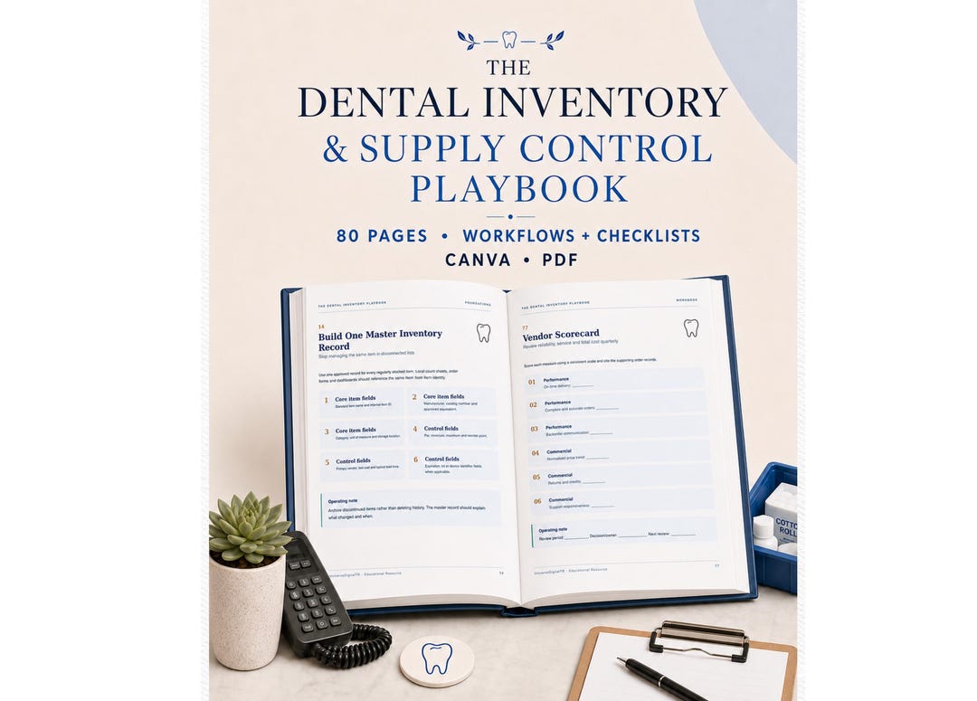 Dental Inventory Playbook | Supply Tracker, Reorder System, Vendor Log and Expiration Checklist | Editable Canva PDF