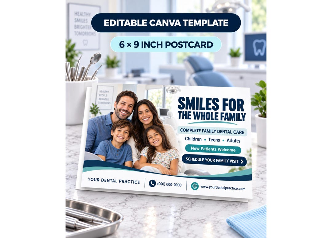 Family Dentist Postcard Template, Editable Canva Dental Practice Mailer, New Patient Marketing Card