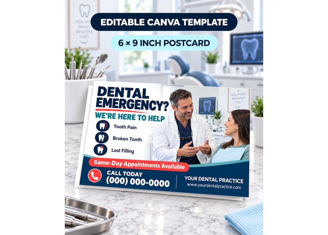 Emergency Dentist Postcard Template, Editable Canva Dental Office Mailer, Same Day Appointment Flyer preview