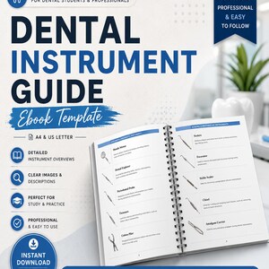 May include: A Dental Instrument Guide ebook template featuring a spiral-bound book open to pages displaying dental tools. The cover text reads The Ultimate Resource for Dental Students & Professionals, Dental Instrument Guide, and Ebook Template.