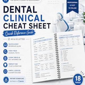 May include: A spiral-bound dental clinical cheat sheet with 18 pages, featuring tables for drug quick reference, local anesthesia, and common abbreviations. The document includes text for dental students and professionals in A4 and US Letter sizes.