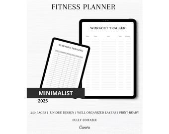 Planificador de fitness editable en Canva: Registro de entrenamiento y nutrición (descarga digital). Planificador de salud y fitness imprimible, seguimiento de dieta y entrenamiento.