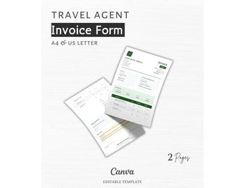 Plantilla de factura de viaje (Canva), factura de agencia de viajes (2 páginas), formulario de facturación de operador turístico (A4, tamaño carta estadounidense, editable), plantilla de paquete para agente de viajes