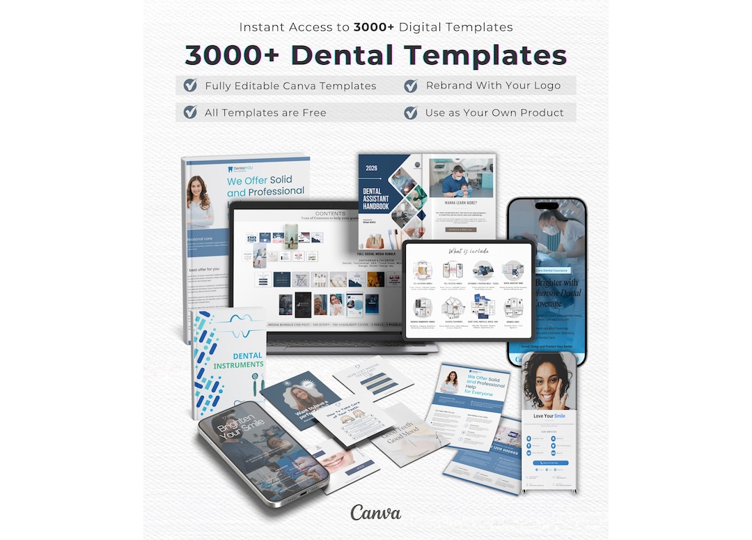 Dental Branding Kit | 3000+ Editable Canva Templates for Dentists | Social Media Posts, Ebooks and Clinic Marketing Bundle