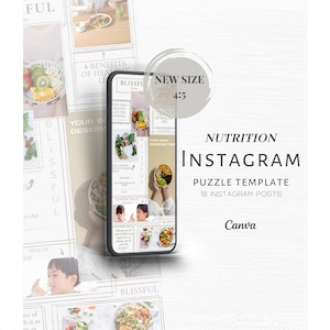 以下が含まれることがあります： スマートフォンには、栄養をテーマにしたInstagramパズルテンプレートが表示されています。テンプレートには、健康的な食品の画像と「NUTRITION INSTAGRAM PUZZLE TEMPLATE 18 INSTAGRAM POSTS」というテキストが表示され、「NEW SIZE 4:5」というラベルが付いています。 Canvaのロゴも表示されています。