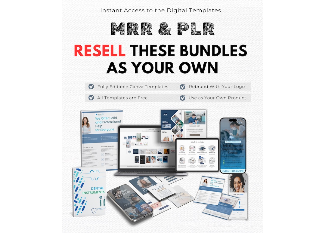 Dental PLR Templates and MRR Bundle | 3000+ Editable Canva Social Media Posts | Dentist Branding Kit With Resell Rights