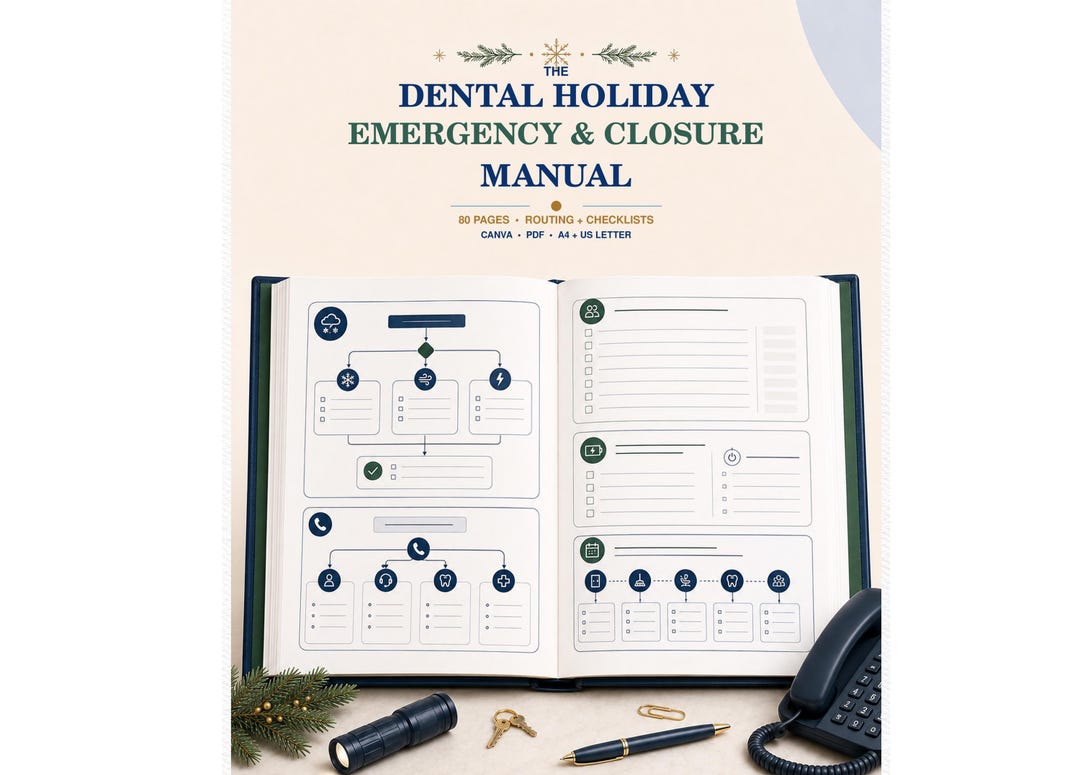 Dental Emergency Manual | 80-page Canva Template for Holiday Office Closure Checklists, After-hours Calls and Front Desk Protocols