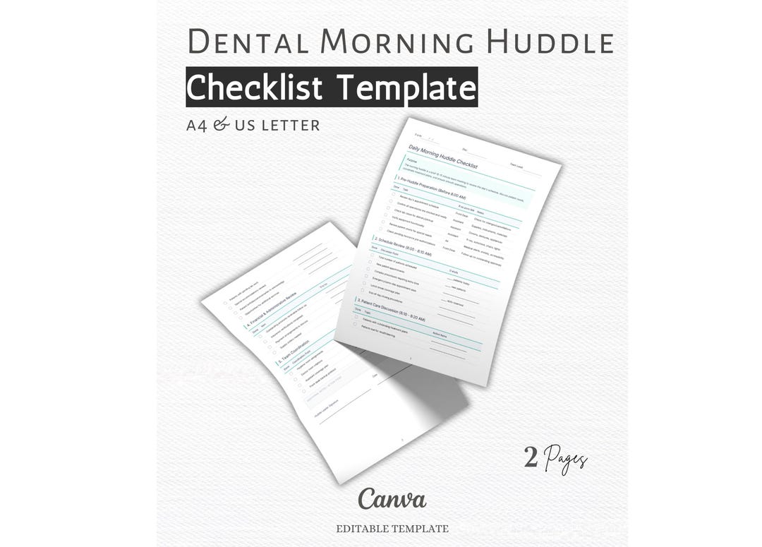 Dental Daily Morning Huddle Checklist Canva, 2 Page A4 & US Letter Dental Office Team Meeting Template, Dental Template, Dental Assistant
