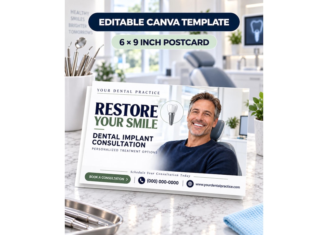 Dental Implant Postcard Template, Editable Canva Consultation Mailer, Dentist Marketing Promotion preview