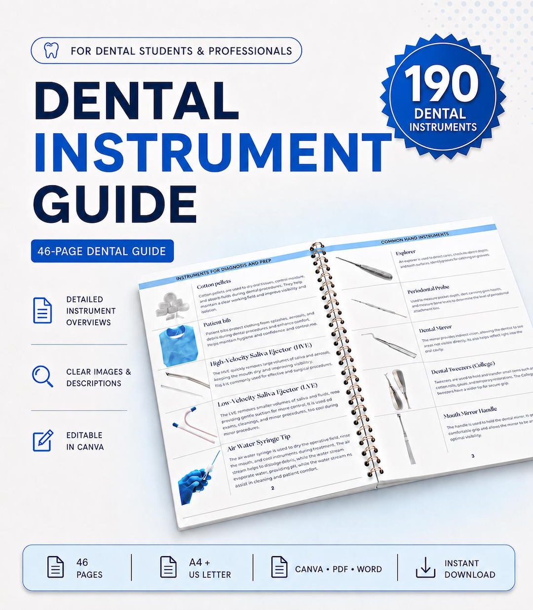 Dental Instruments Guide for Dental Assistants: 190 Tools With Names and Functions, Editable Canva, Word & PDF
