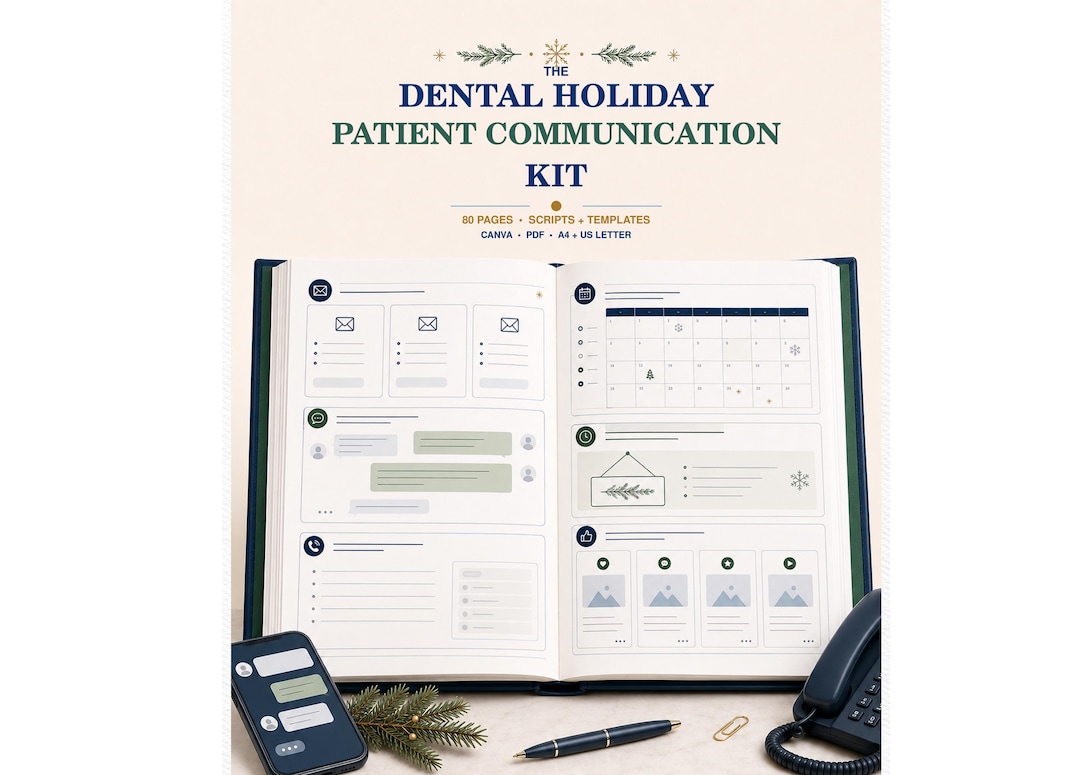 Dental Holiday Communication Kit | 80-page Canva Template for Patient Emails, Office Closure Scripts and Christmas Scheduling
