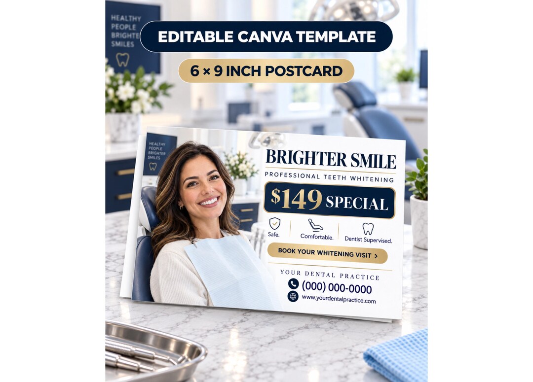 Teeth Whitening Postcard Template, Editable Canva Cosmetic Dentist Marketing Mailer, Dental Office Promo preview
