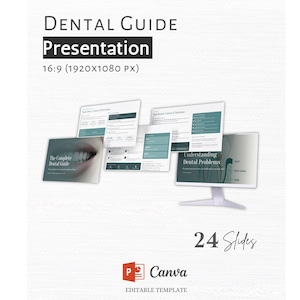 Może przedstawiać: Cyfrowy szablon prezentacji zatytułowany "Dental Guide Presentation" o proporcjach 16:9. Projekt zawiera monitor komputera i kilka dokumentów cyfrowych z turkusowymi i białymi akcentami. Prezentacja zawiera 24 slajdy i jest edytowalna w Canva.
