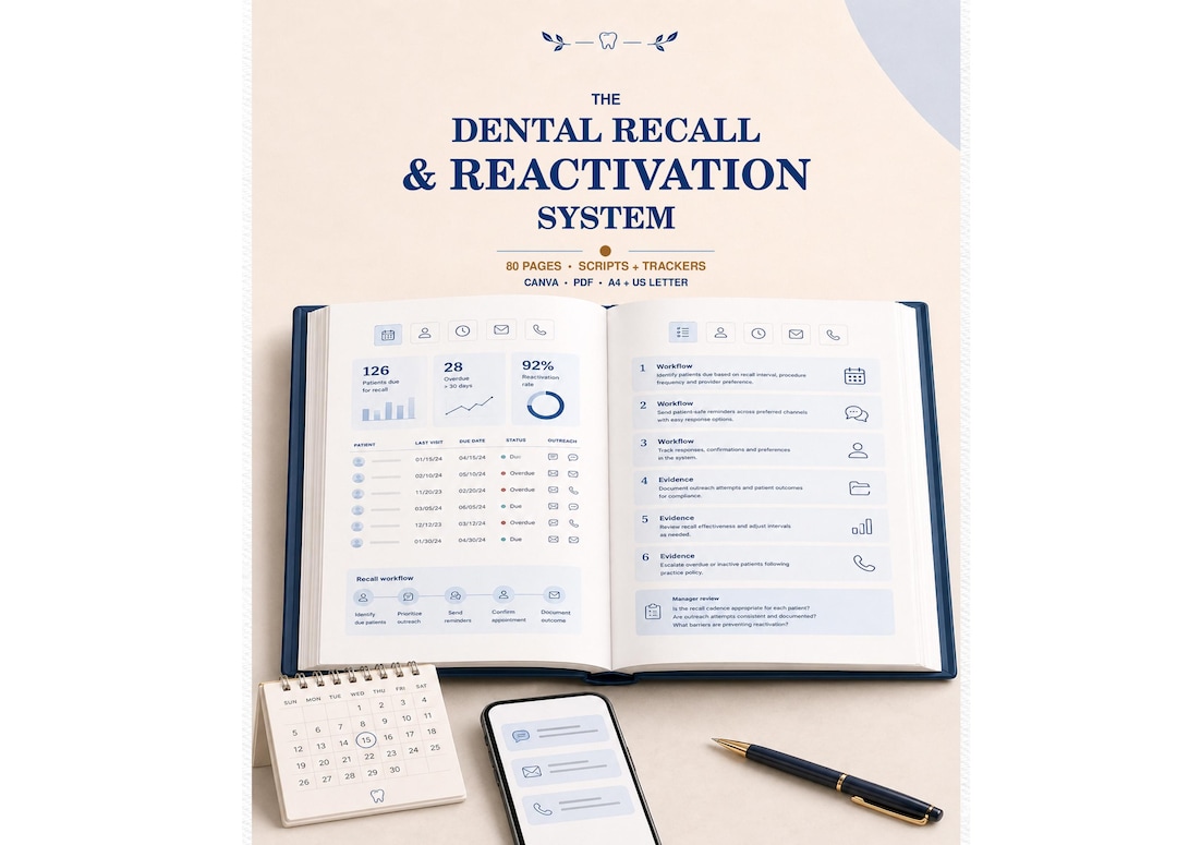 Dental Recall System | Patient Reactivation Scripts, Reminder Templates and Hygiene Scheduling Tracker | Editable Canva PDF