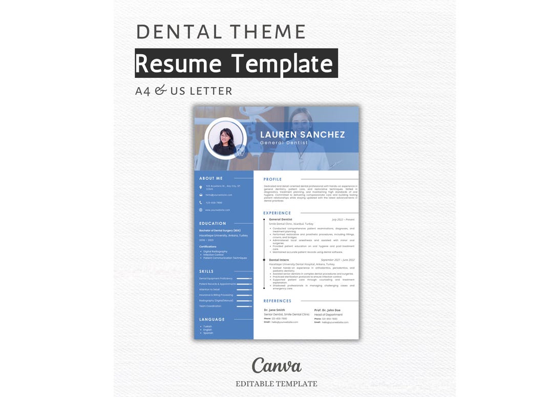 Modern Dental Resume Template | Dentist CV | Dental Assistant Resume | Nurse Resume | Canva Editable | Healthcare CV | Digital Download