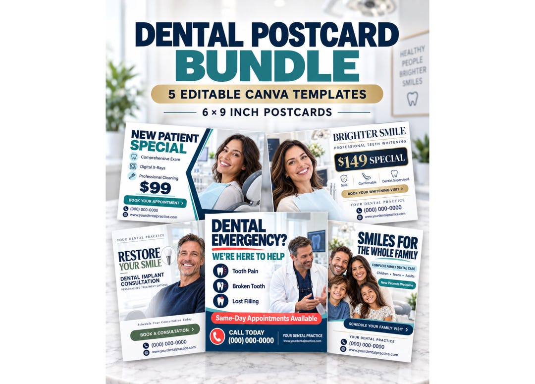 Dental Postcard Bundle, 5 Editable Canva Dentist Marketing Templates, Dental Office Mailers