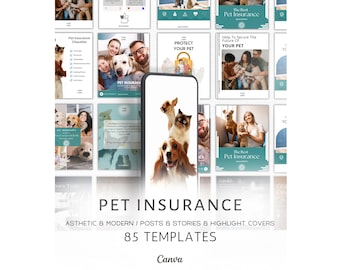 Plantillas para redes sociales de seguros para mascotas: Publicaciones e historias editables en Canva, plantillas para Instagram y Facebook (descarga digital), para amantes de las mascotas.