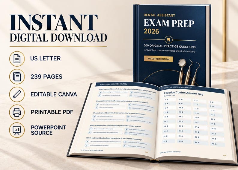 Preparación para el examen de asistente dental 2026: 500 preguntas de práctica con clave de respuestas, explicaciones y guía de estudio imprimible. imagen 6