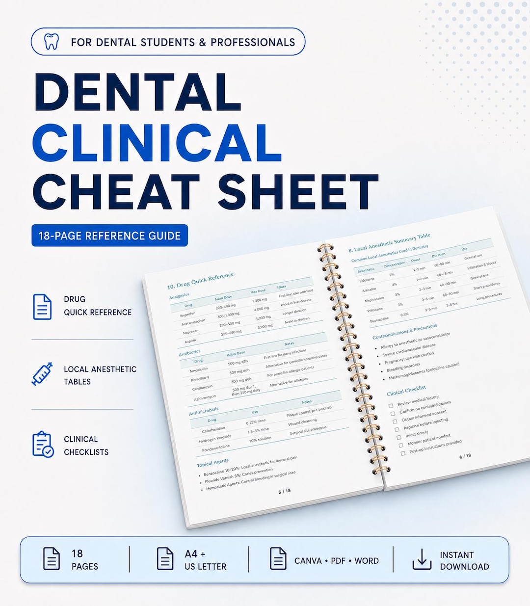 Dental Clinic Cheat Sheet for Dental Assistants: 18-page Clinical Reference Guide, Editable Canva, Word & PDF