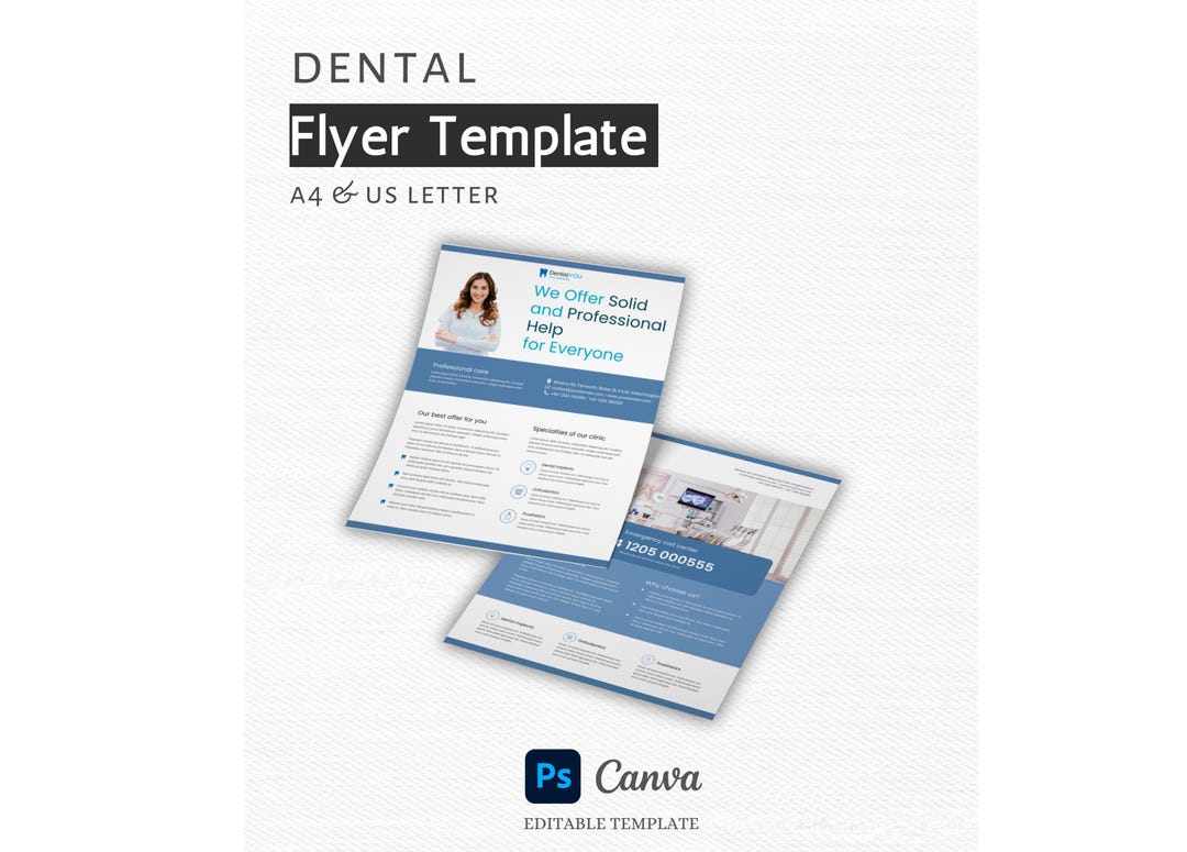 Dental Clinic Flyer Template | Dentist Marketing Flyer | Canva & Photoshop Editable | 2-page Dental Brochure | Dental Template|flyer Dentist