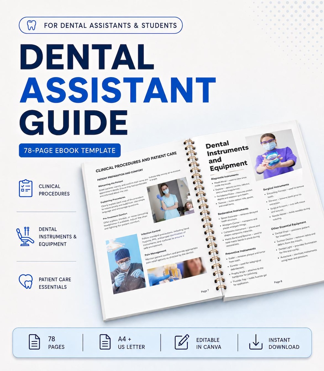 Dental Assistant Guide: 78-page Study and Exam Prep Ebook With Anatomy, Instruments and Clinical Cheat Sheets, Editable Canva & PDF