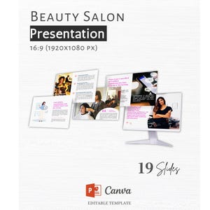 May include: A presentation template for a beauty salon, featuring the title "BEAUTY SALON Presentation" in a modern font. The template includes multiple slides with images and text, and is designed for a 16:9 aspect ratio (1920x1080 px).