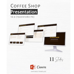 Puede incluir: Plantilla de presentación para una cafetería, con un diseño moderno sobre fondo blanco. Se muestra el título "Coffee Shop Presentation", junto con la relación de aspecto. La plantilla incluye 11 diapositivas y es editable en Canva.