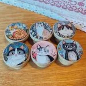 Könnte beinhalten: Sechs runde Schrankknöpfe mit Katzenillustrationen. Jeder Knopf zeigt ein anderes Katzendesign, darunter orangefarbene Tabby-, weiße und schwarze Katzen. Die Knöpfe sind auf einer Holzoberfläche angeordnet.