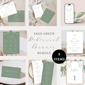 Op de afbeelding: Een saliegroene repetitiedinerbundel met uitnodigingskaarten, menu's, zitplaatskaarten en tafelkaarten. Het ontwerp bevat bloemaccenten en de tekst "The Night Before". De bundel bevat 9 items.