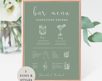 Floral Sage Green Wedding Bar Drink Menu Cocktail Signature Drink Sign Canva Template | SG115