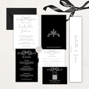 以下が含まれることがあります： 黒と白のウェディング招待状セット。リボンデザイン。招待状、RSVPカード、詳細カード、サンキューカードが含まれています。招待状には「Isabella + Jason」と結婚式の日付が記載されています。